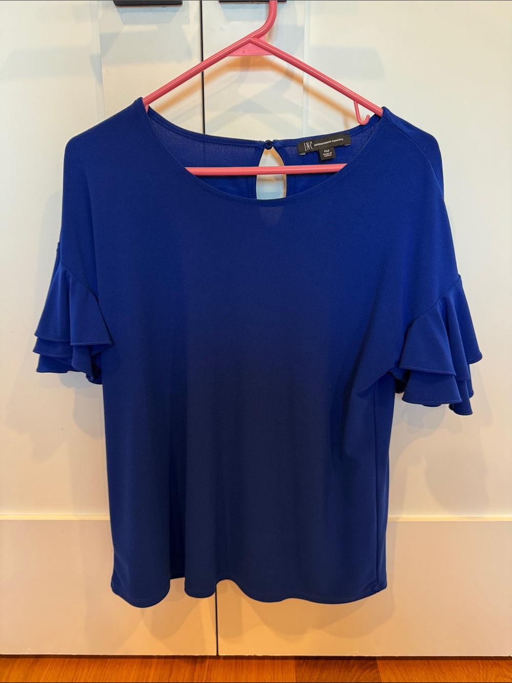 International Concepts Women's Royal Blue Ruffle Sleeve Blouse Petit Medium